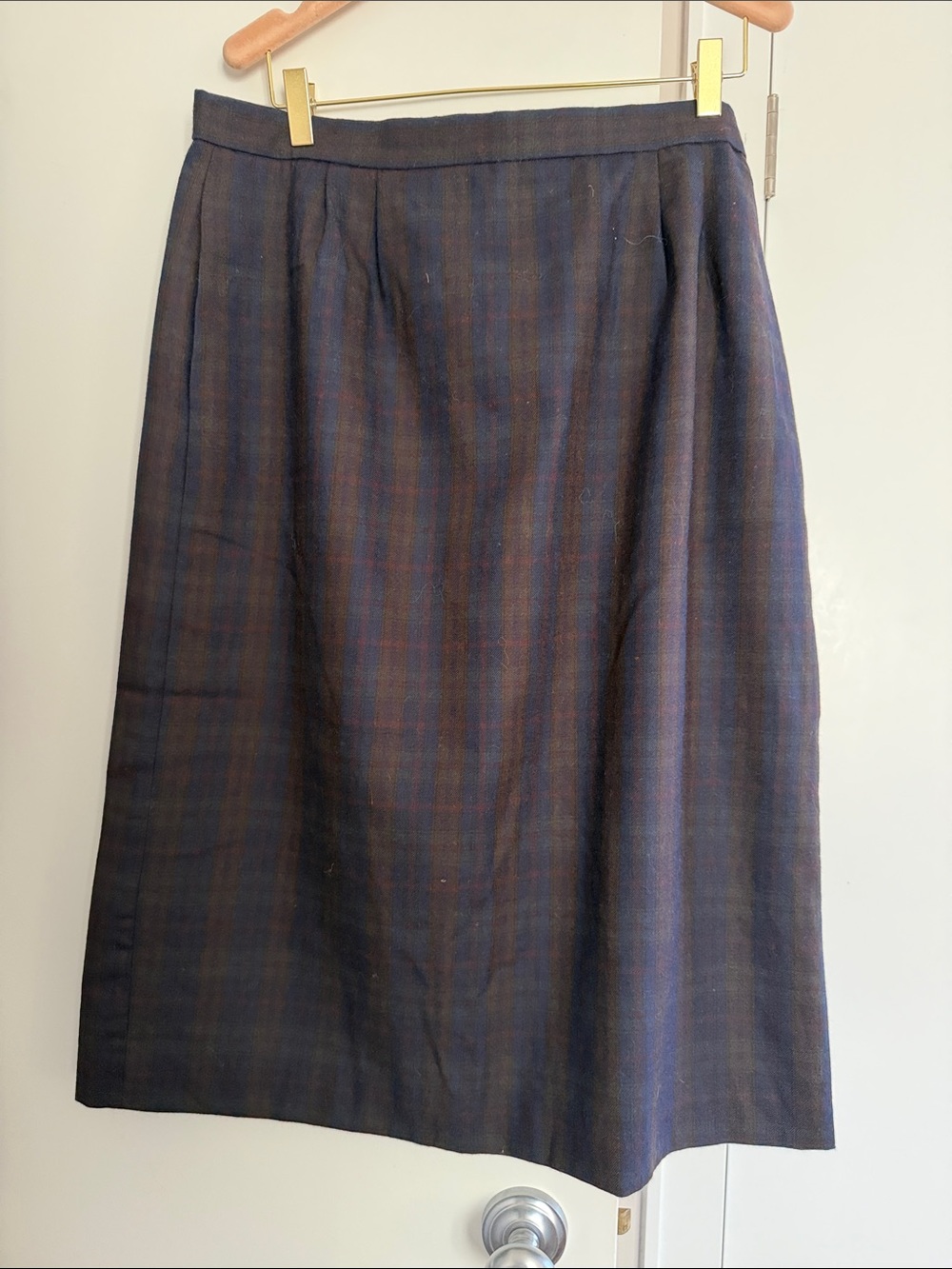 Derek Martin Plaid Midi Skirt in Navy and Brown wool pencil skirt size 16